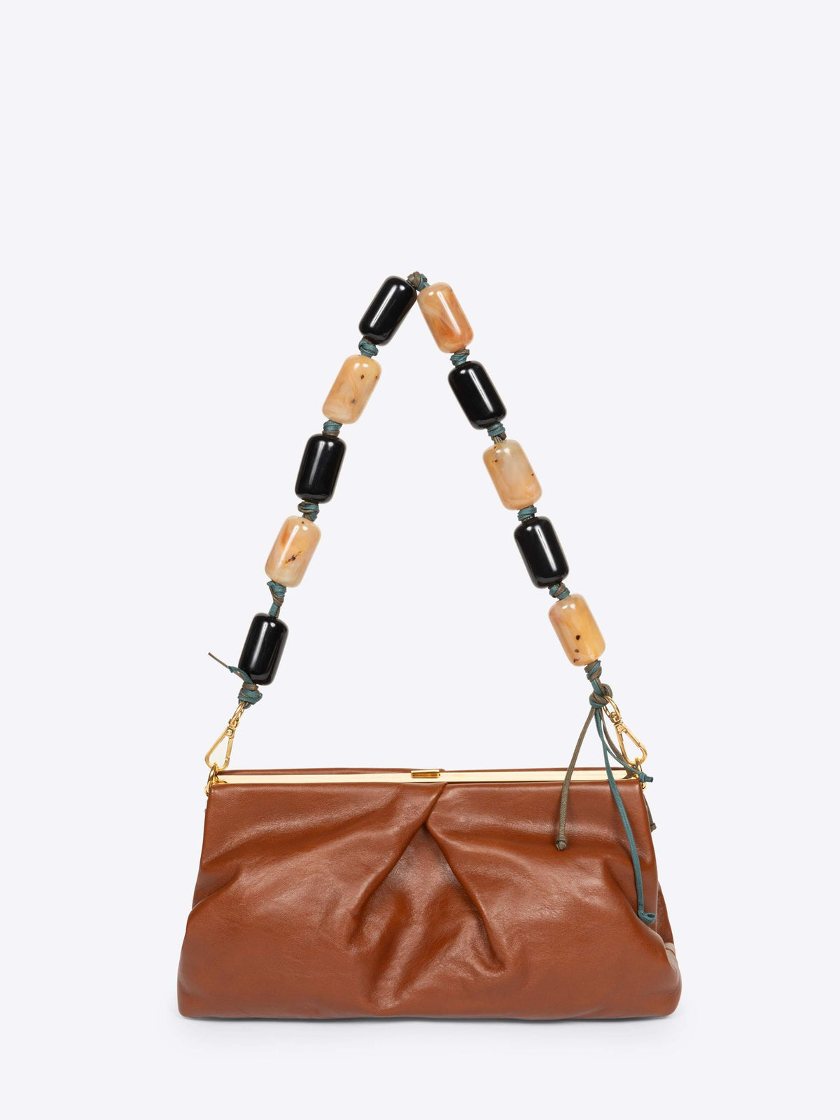 Brown leather handbag with a beaded strap on a white background - Dries Van Noten
