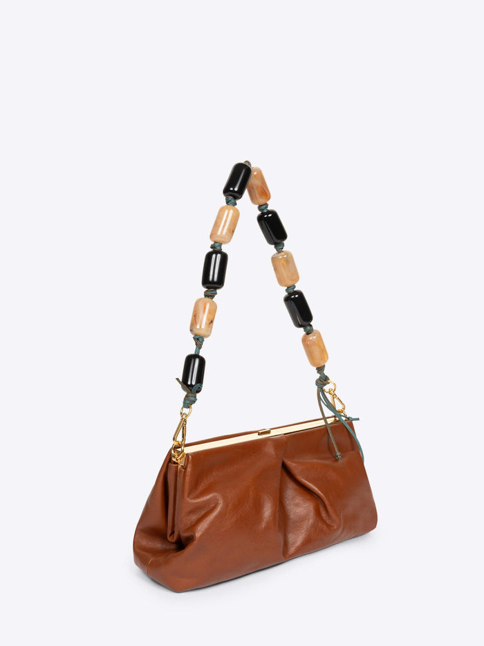 Brown handbag with a beaded strap on a white background - Dries Van Noten