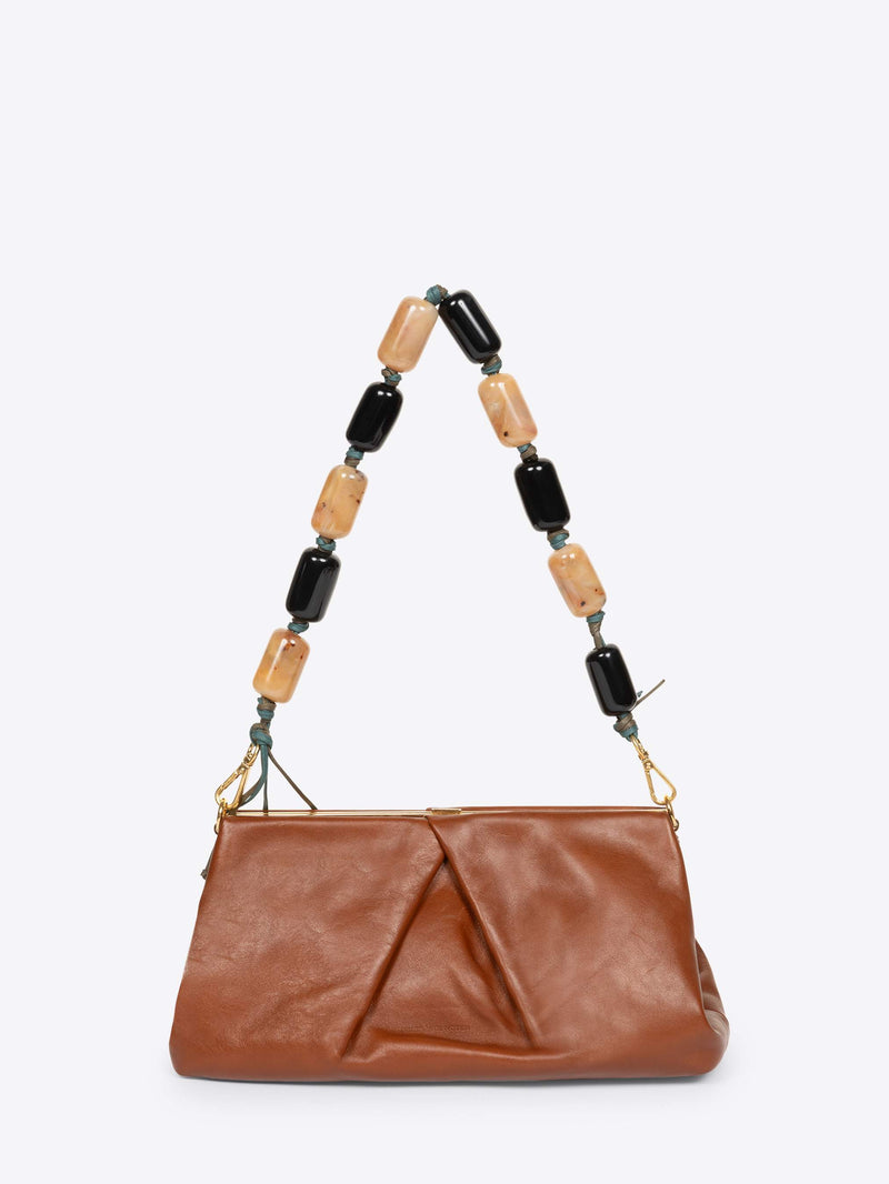 Brown leather handbag with a beaded handle on a white background - Dries Van Noten