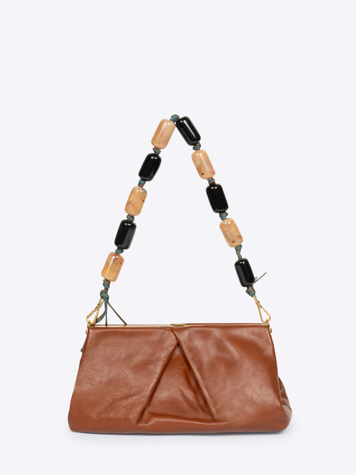 Brown leather handbag with a beaded handle on a white background - Dries Van Noten