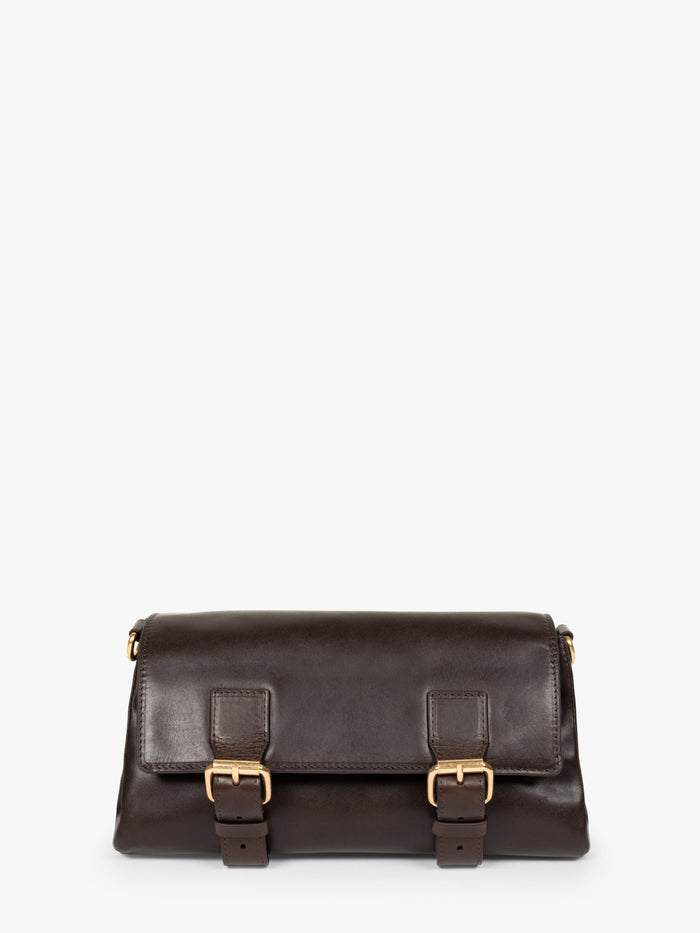 Brown leather bag with gold buckles on a white background - Dries Van Noten