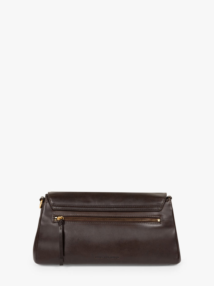Brown leather clutch bag with gold zipper on a white background - Dries Van Noten