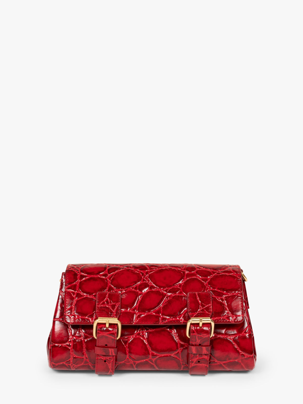 Red crocodile-patterned handbag with gold accents on a white background - Dries Van Noten