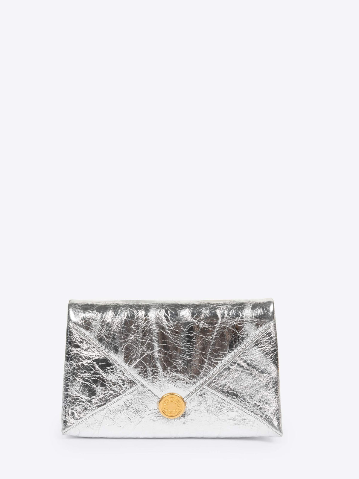 Silver clutch bag with a gold button on a white background - Dries Van Noten
