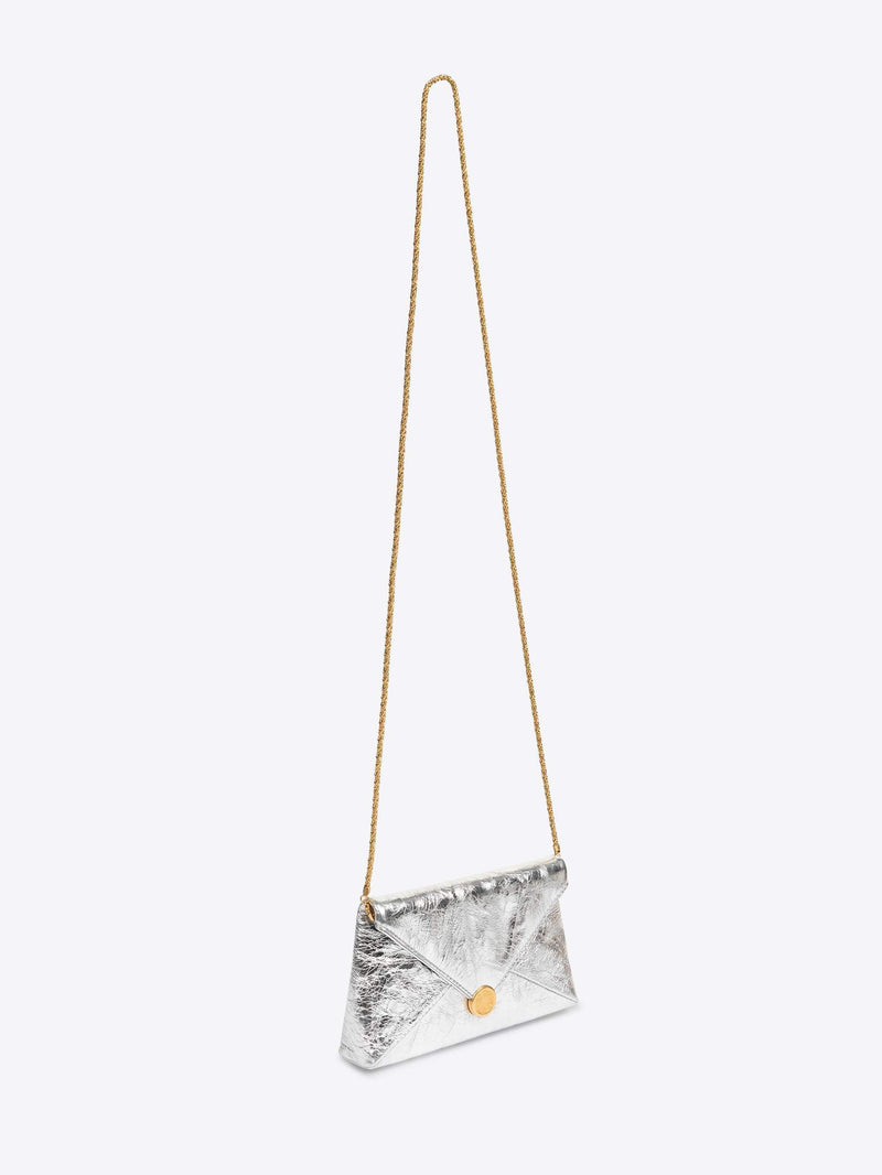 Silver clutch bag with a gold chain on a white background - Dries Van Noten