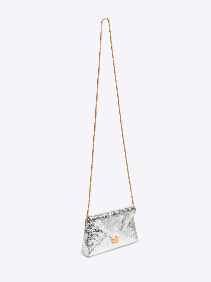 Silver clutch bag with a gold chain on a white background - Dries Van Noten