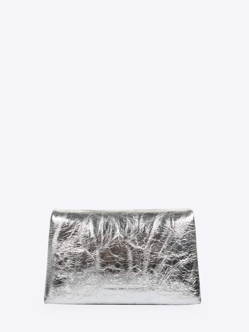 Silver clutch bag with a textured pattern on a white background - Dries Van Noten