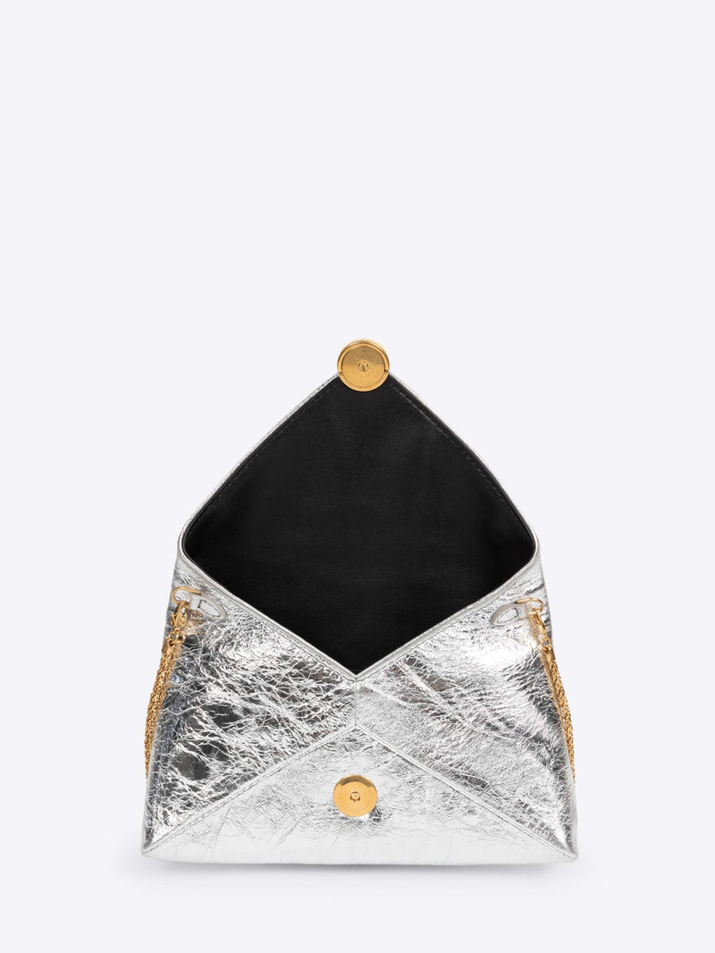 Black and silver clutch bag with gold accents on a white background - Dries Van Noten