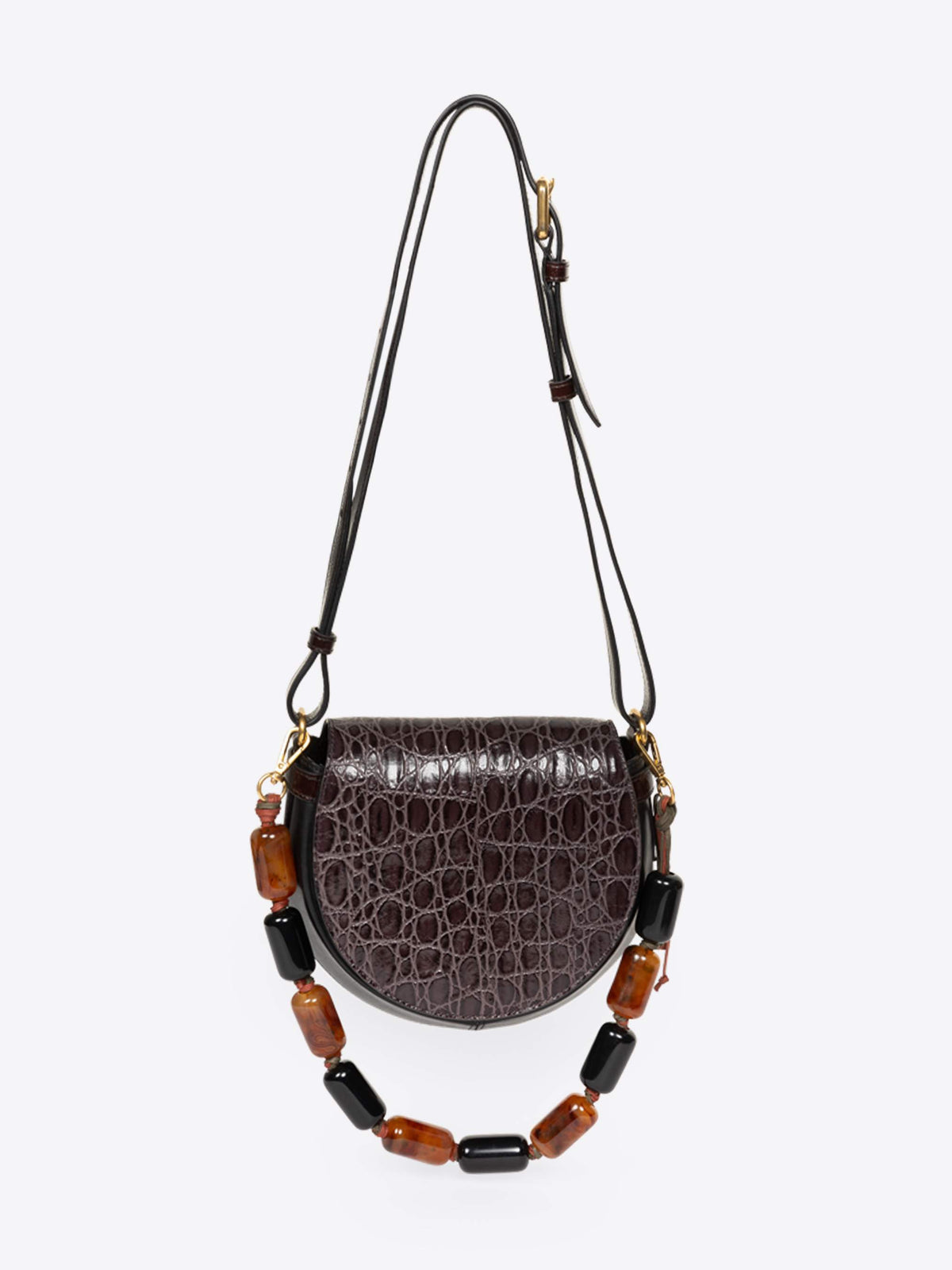 Brown crocodile-patterned handbag with a beaded strap on a white background - Dries Van Noten