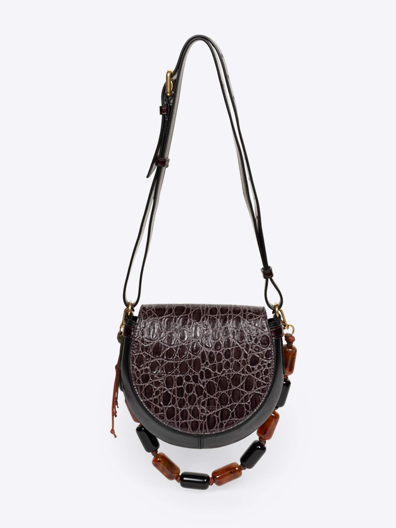 Brown textured handbag with black strap and beads on a white background - Dries Van Noten