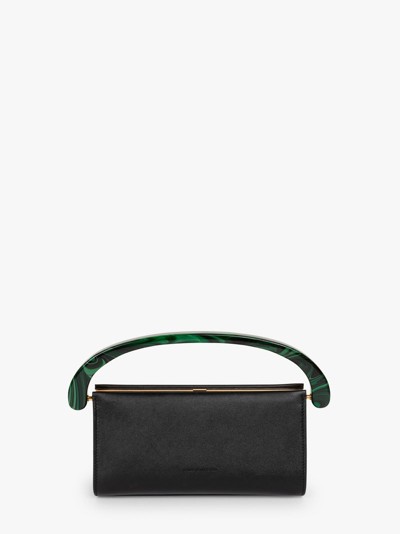 Black handbag with green handle on a white background - Dries Van Noten