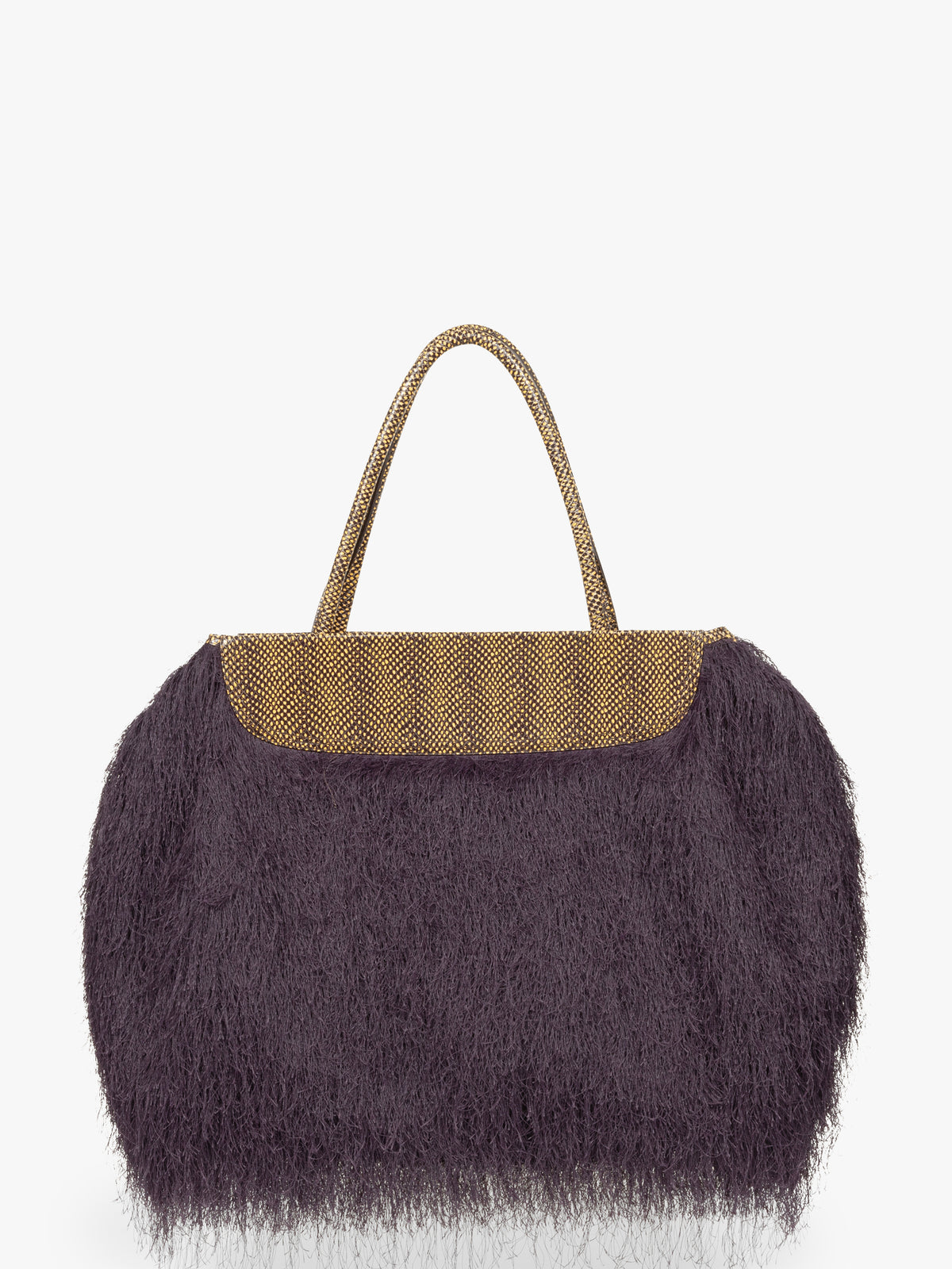 Handbag with purple fluffy texture and gold handle on a white background - Dries Van Noten