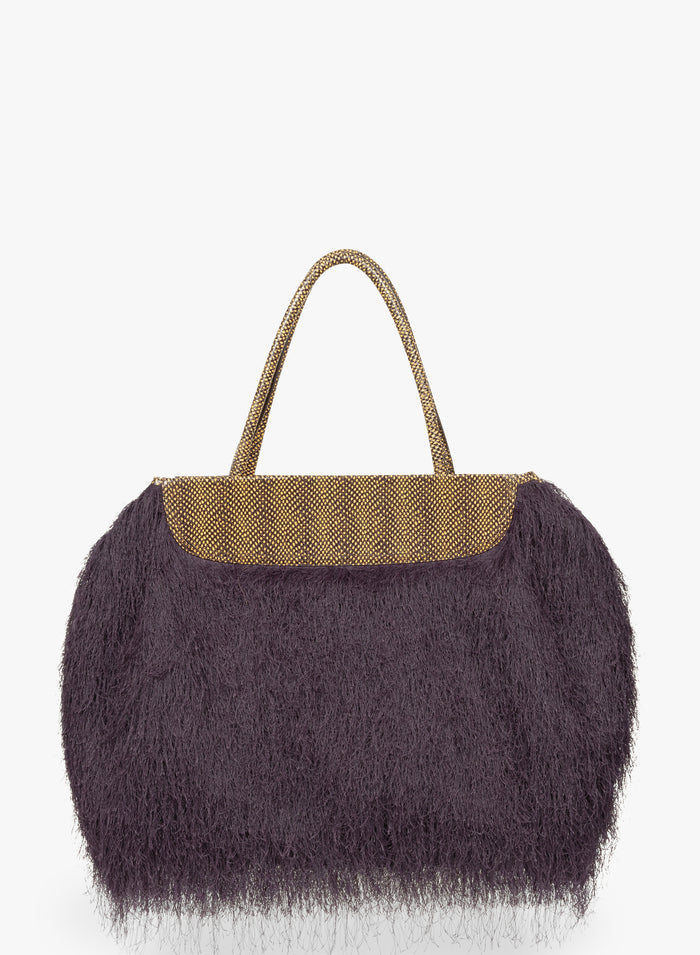 Handbag with purple fluffy texture and gold handle on a white background - Dries Van Noten