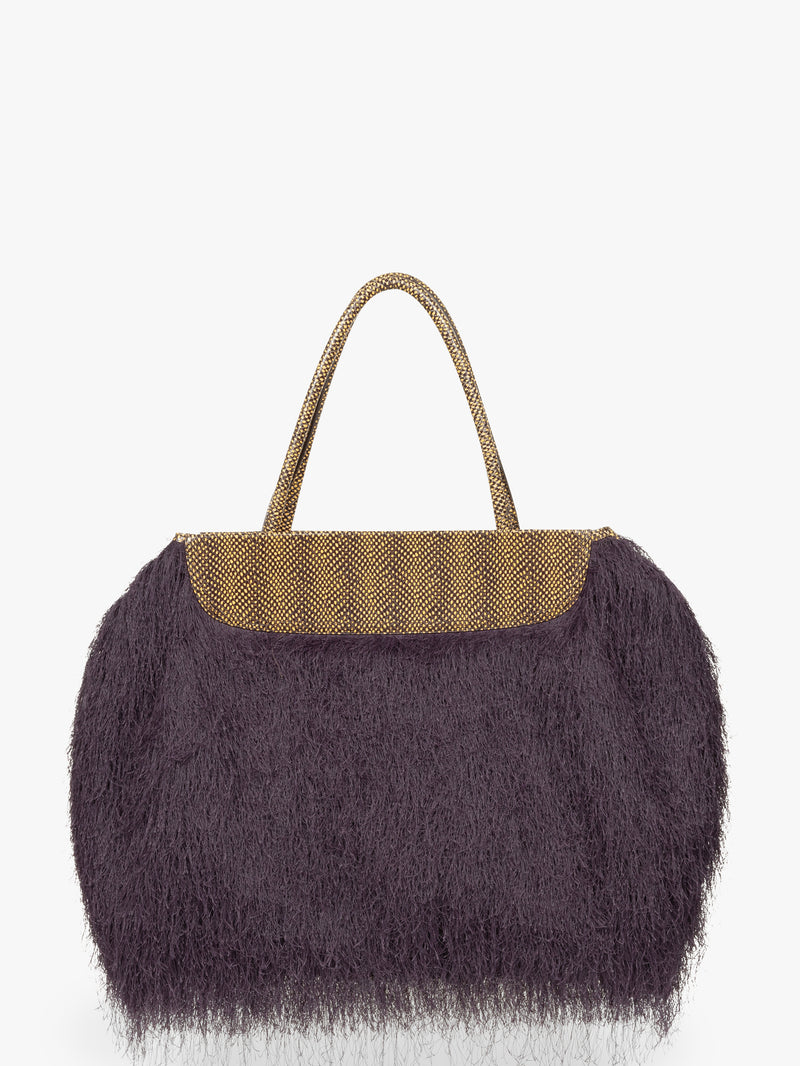 Handbag with purple fluffy texture and gold handle on a white background - Dries Van Noten