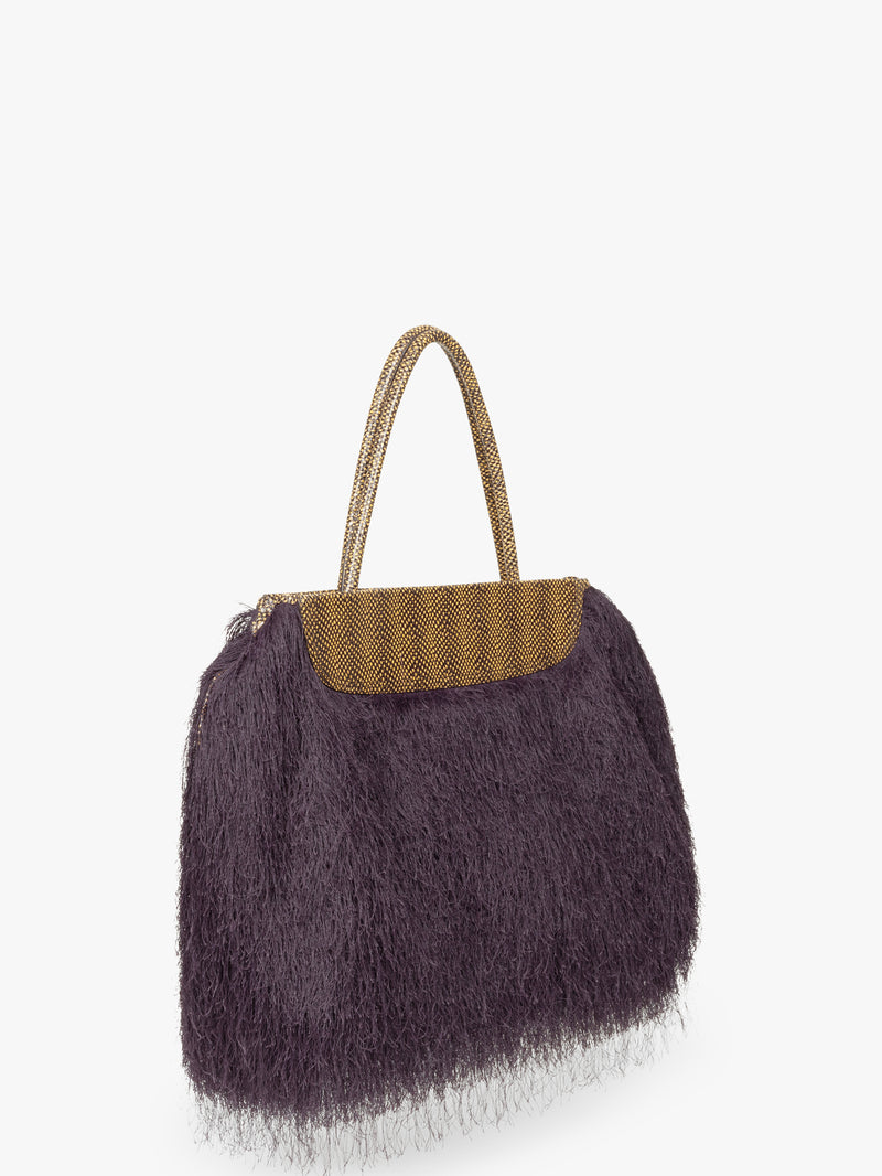 Handbag with textured purple front and gold handle on a white background - Dries Van Noten