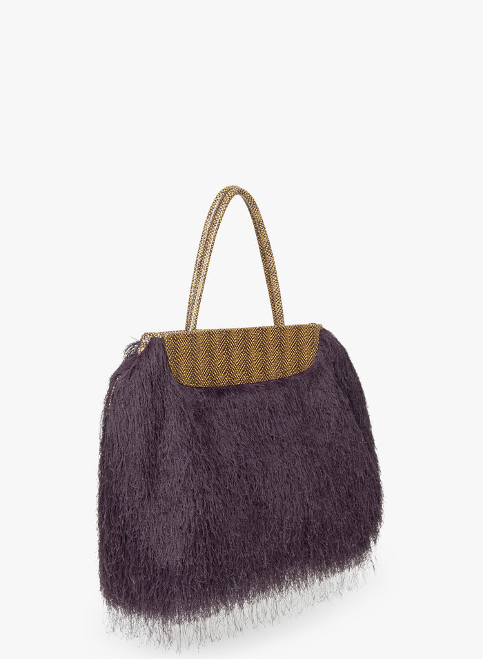 Handbag with textured purple front and gold handle on a white background - Dries Van Noten