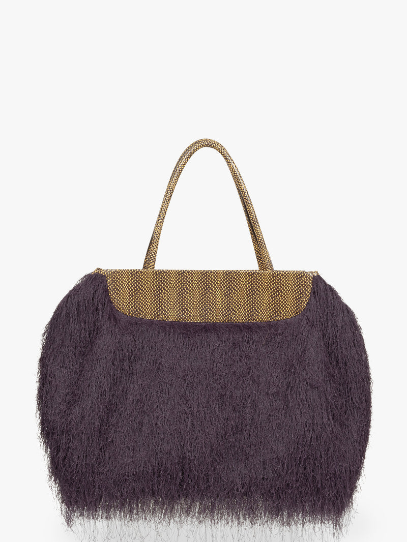 Handbag with purple fluffy texture and goldish-brown handle on a white background - Dries Van Noten