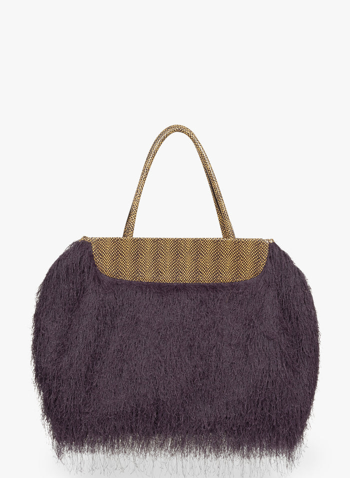 Handbag with purple fluffy texture and goldish-brown handle on a white background - Dries Van Noten
