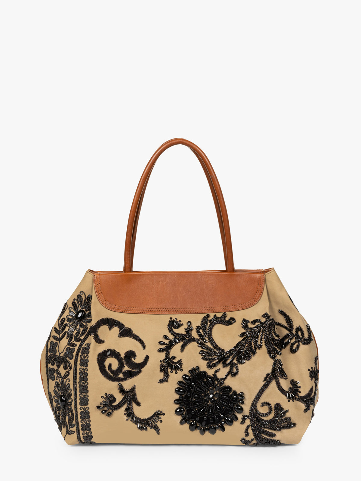 Beige handbag with black floral embroidery and brown handle on a white background - Dries Van Noten
