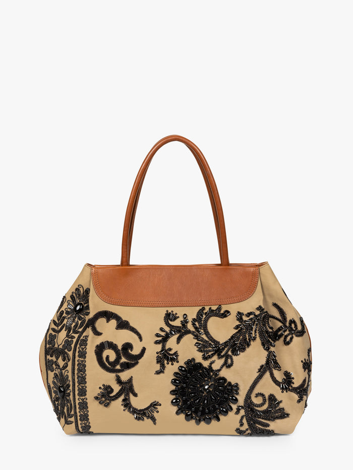 Beige handbag with black floral embroidery and brown handle on a white background - Dries Van Noten