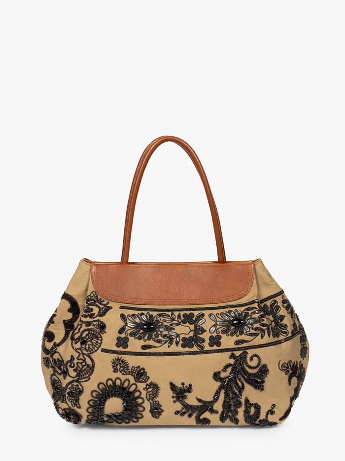 Beige handbag with black floral embroidery and brown leather handle on a white background - Dries Van Noten
