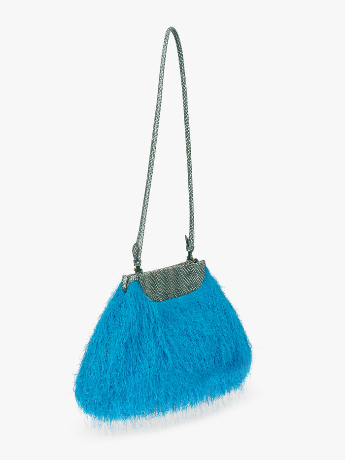 Blue furry handbag with a gray strap on a white background - Dries Van Noten