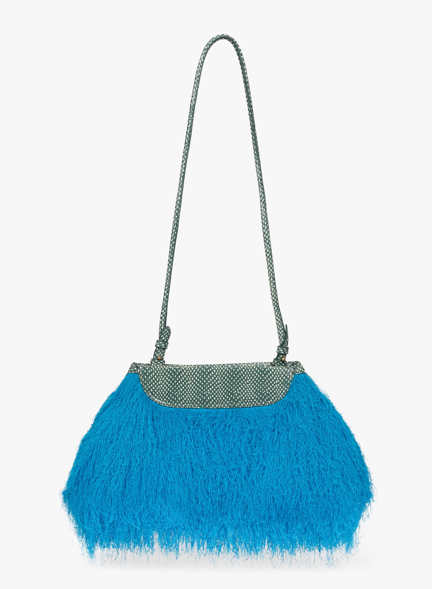 Blue feathered handbag with a textured strap on a white background - Dries Van Noten