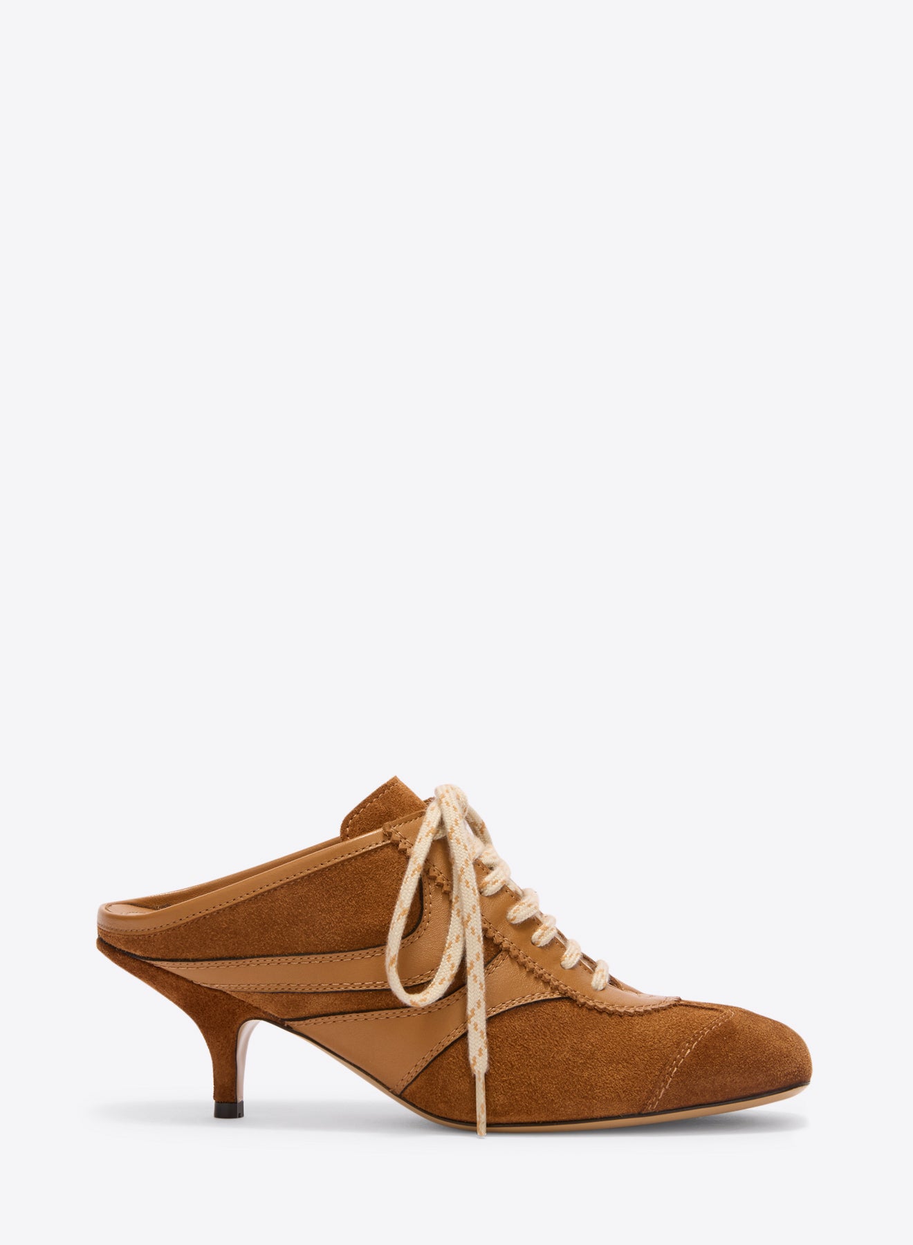 Brown high-heeled shoe with white laces on a white background - Dries Van Noten
