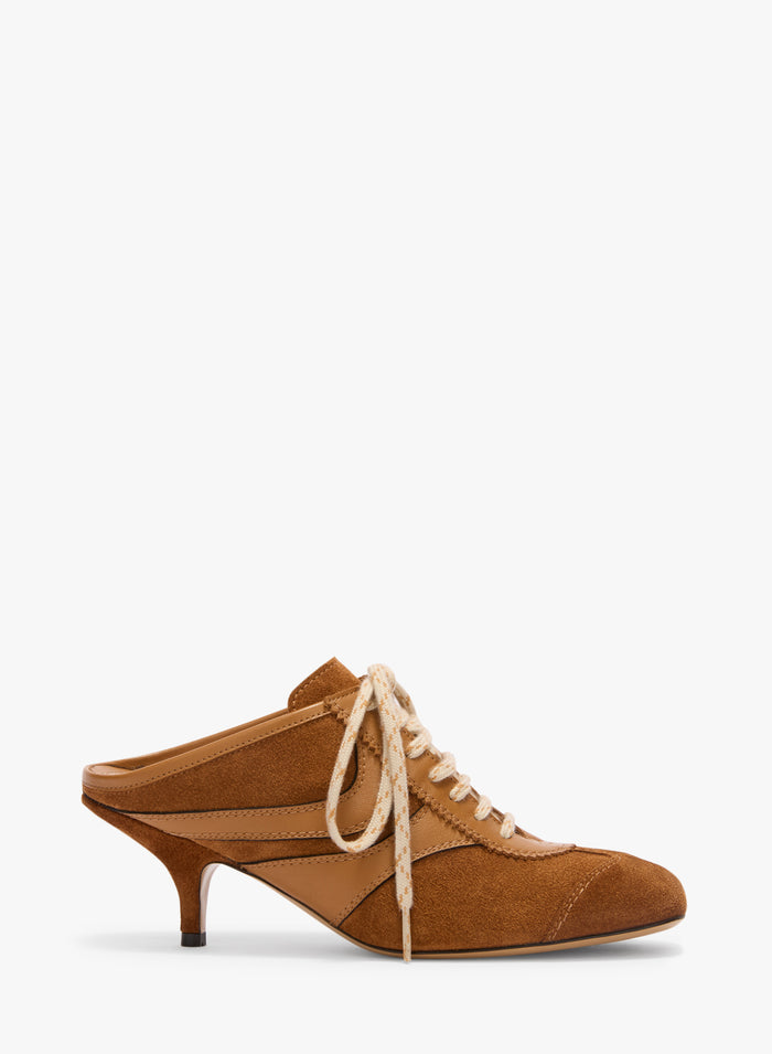 Brown high-heeled shoe with white laces on a white background