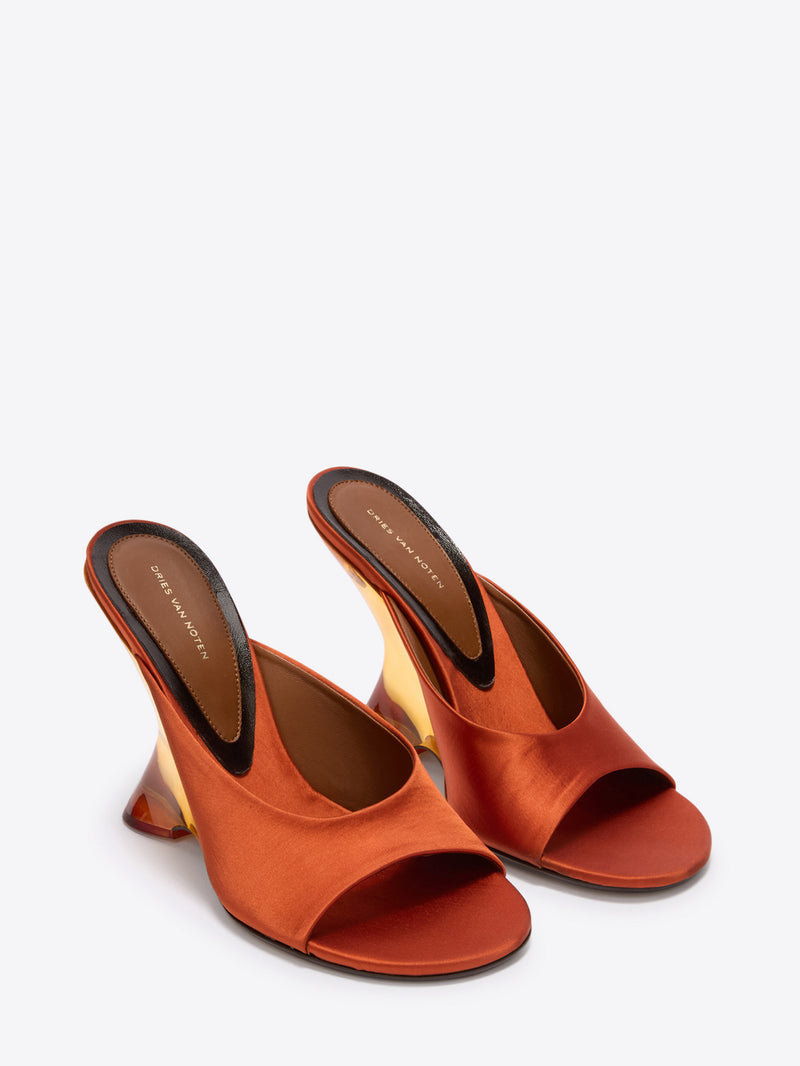Pair of orange high-heeled sandals on a white background - Dries Van Noten