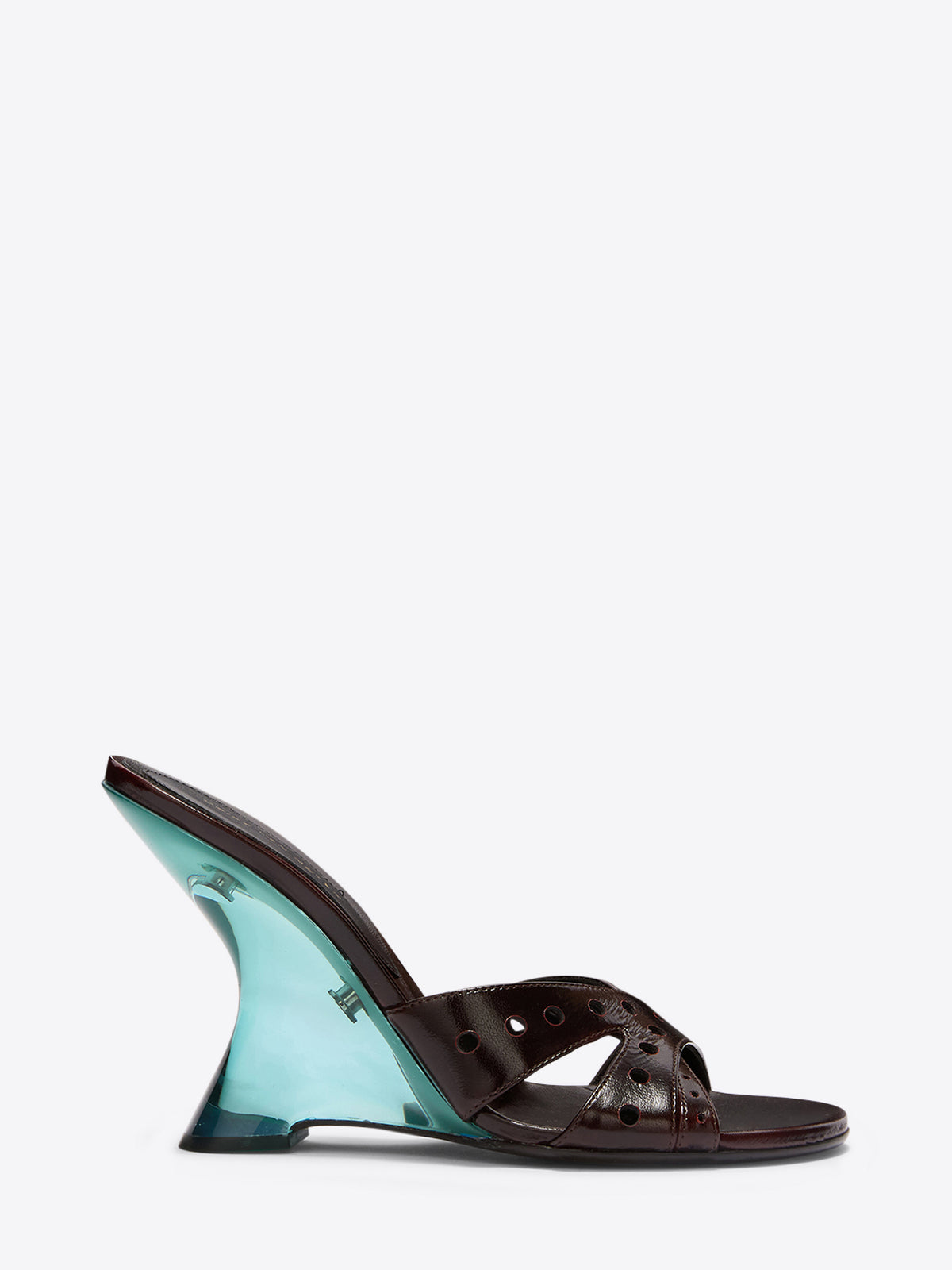 Brown sandal with a transparent blue sole on a white background - Dries Van Noten