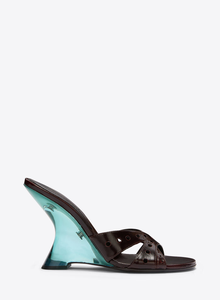 Brown sandal with a transparent blue sole on a white background - Dries Van Noten