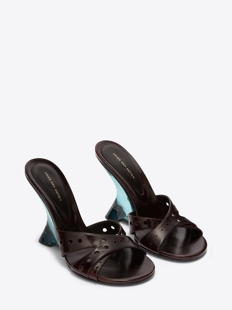 Pair of brown high-heeled shoes on a white background - Dries Van Noten