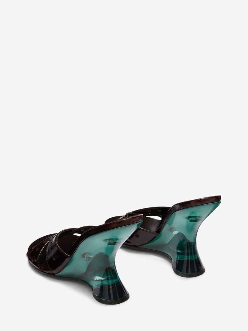 Pair of brown and green high-heeled shoes on a white background - Dries Van Noten