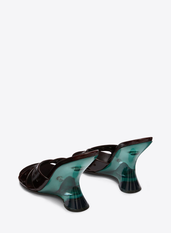 Pair of brown and green high-heeled shoes on a white background - Dries Van Noten