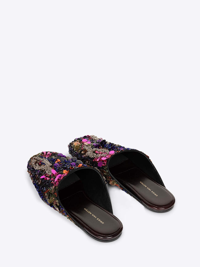 Pair of floral slippers on a white background - Dries Van Noten