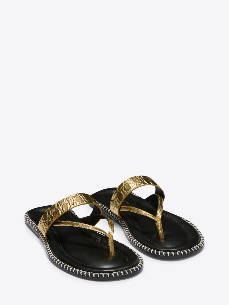 Black sandals with gold straps on a white background - Dries Van Noten