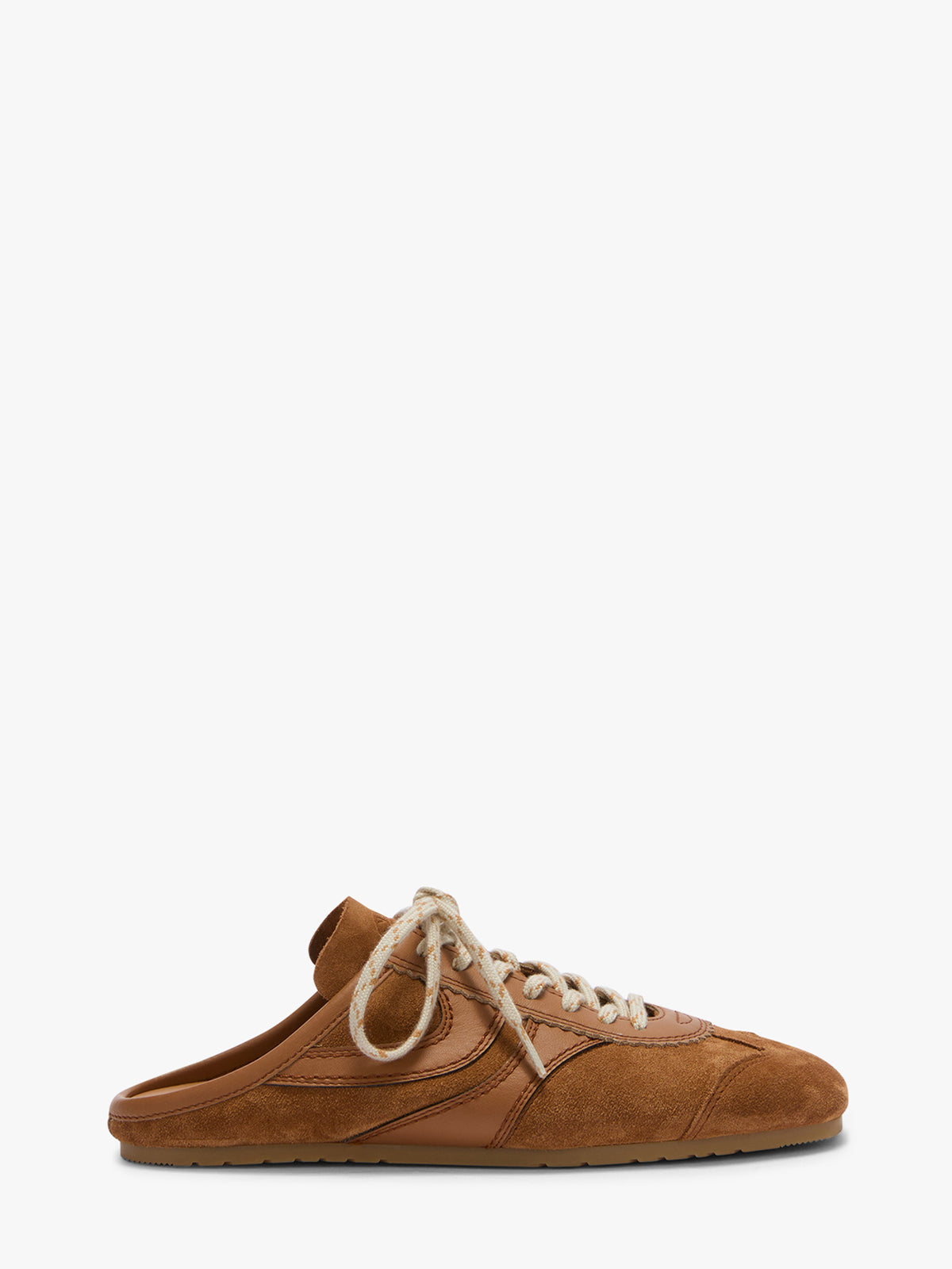 Brown suede shoe with white laces on a white background