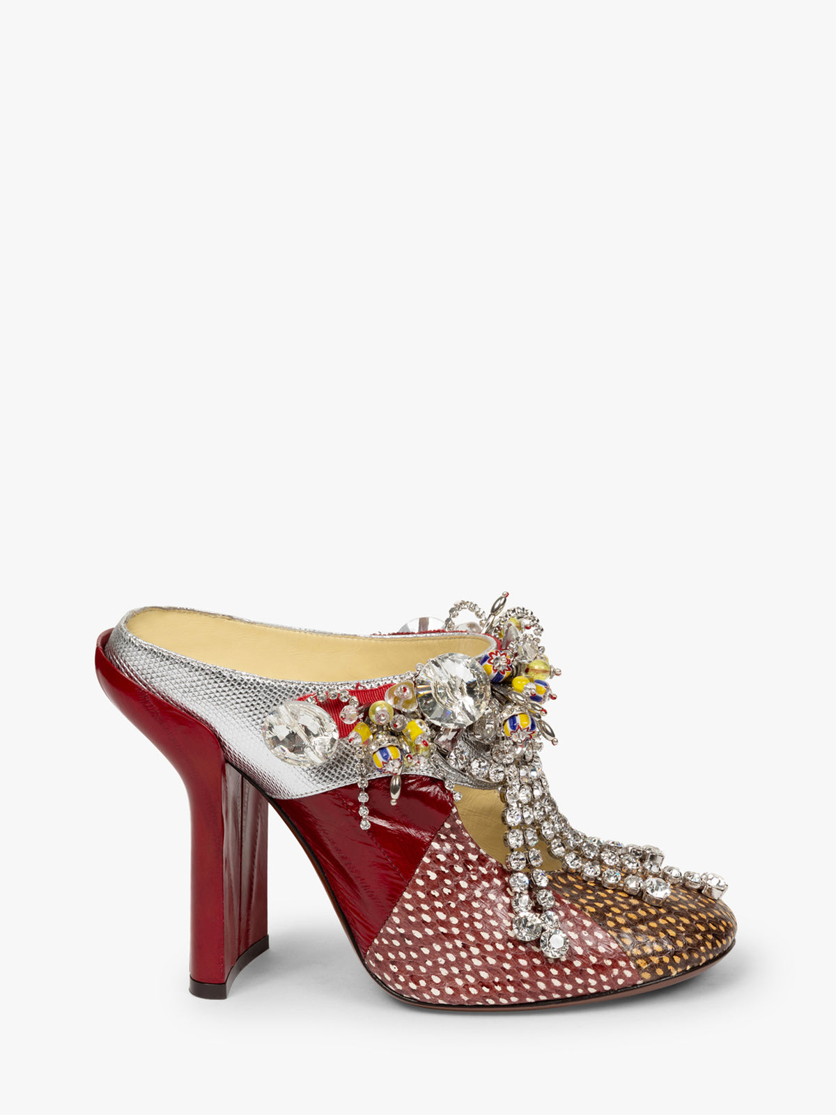 Decorative high-heeled shoe with colorful embellishments on a white background - Dries Van Noten