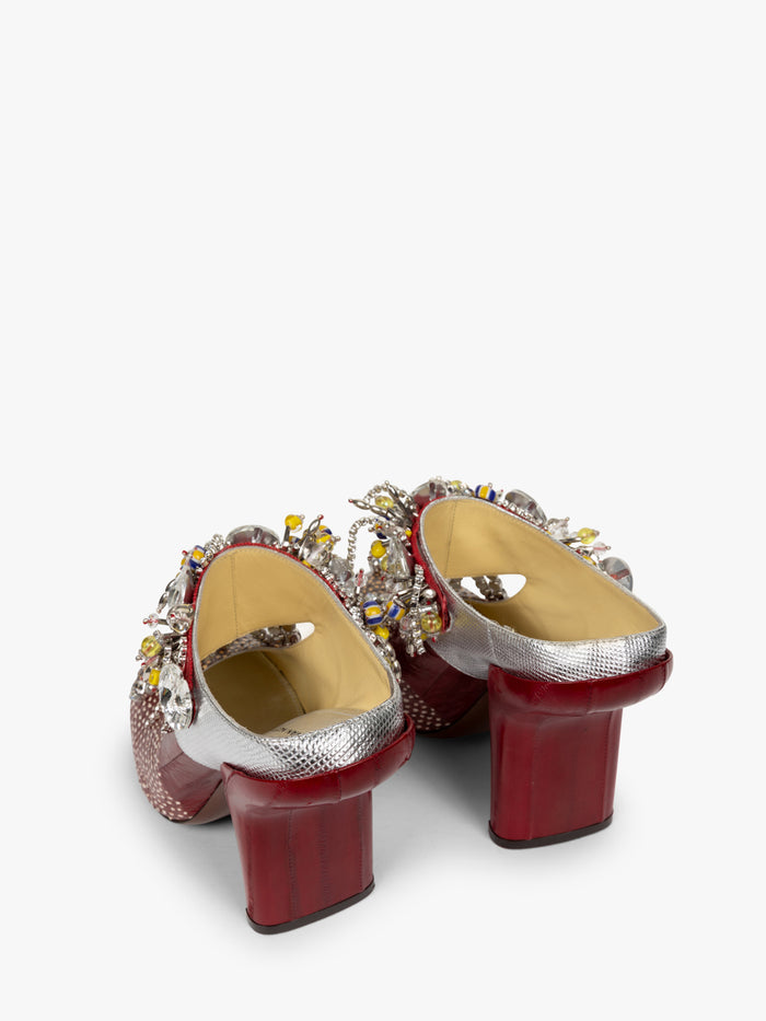Red high-heeled shoes with decorative elements on a white background - Dries Van Noten