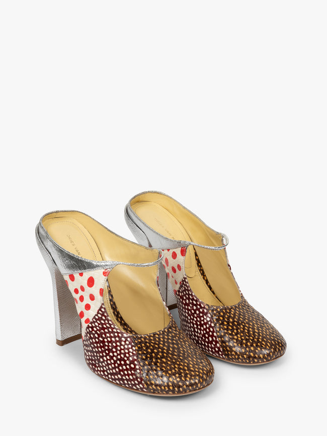 Pair of high-heeled shoes with a patterned design on a white background - Dries Van Noten