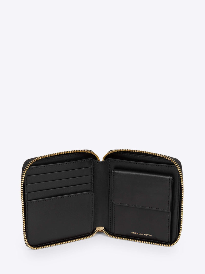 Black wallet with gold zipper on a white background - Dries Van Noten