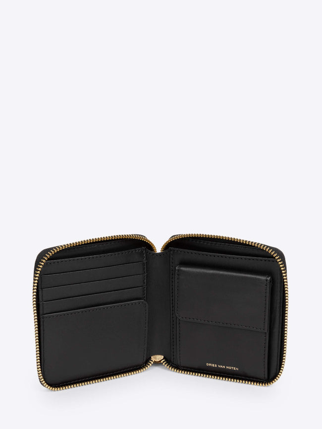 Black wallet with gold zipper on a white background - Dries Van Noten