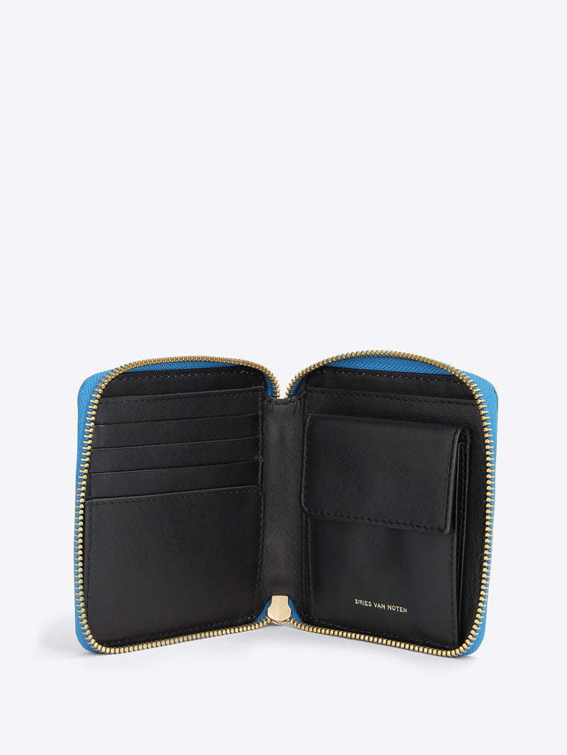Black wallet with blue zipper on a white background - Dries Van Noten