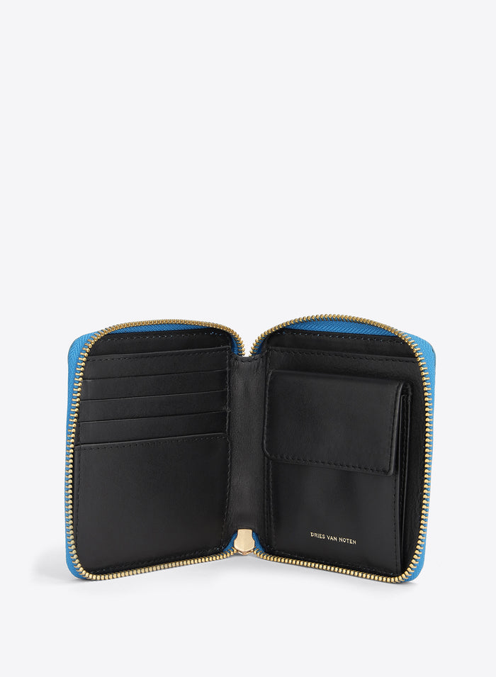 Black wallet with blue zipper on a white background - Dries Van Noten