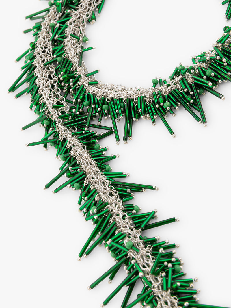 Green beaded necklace with silver chain on a white background - Dries Van Noten