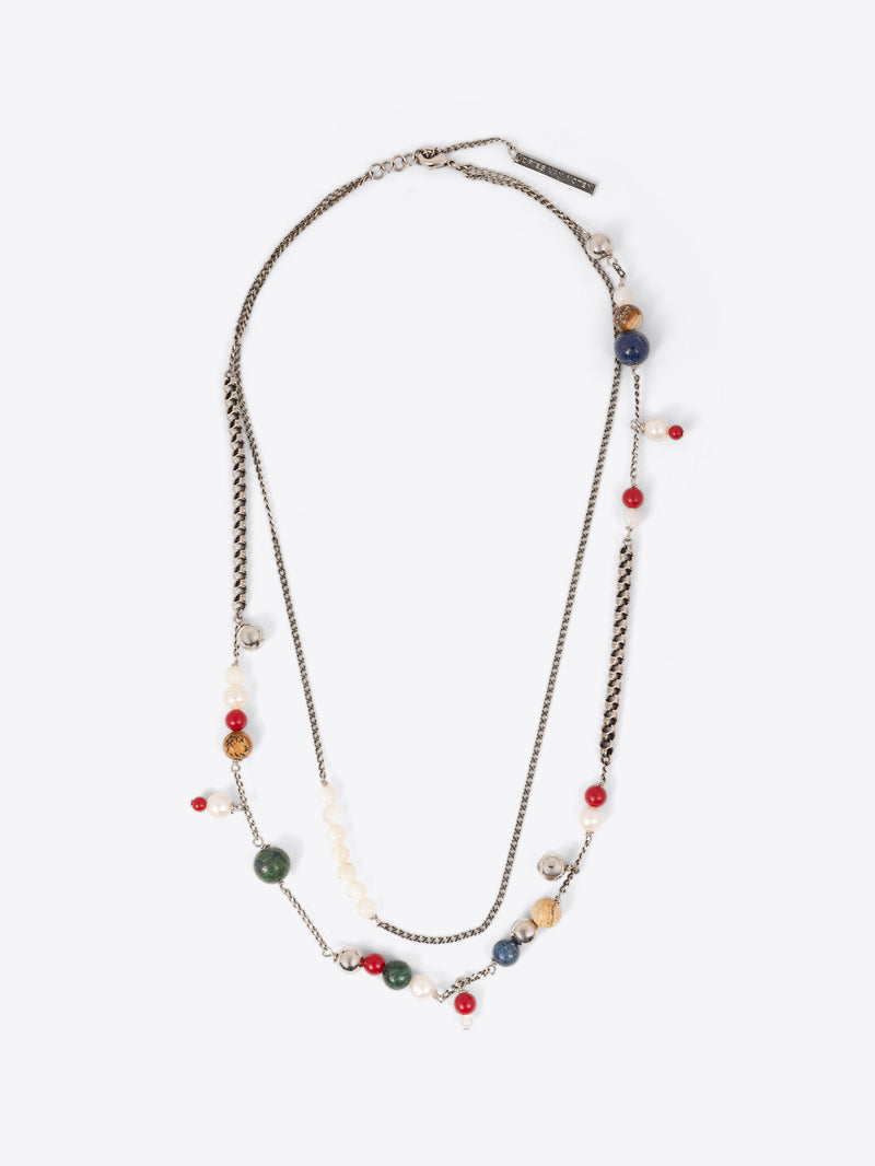Necklace with multicolored beads on a white background