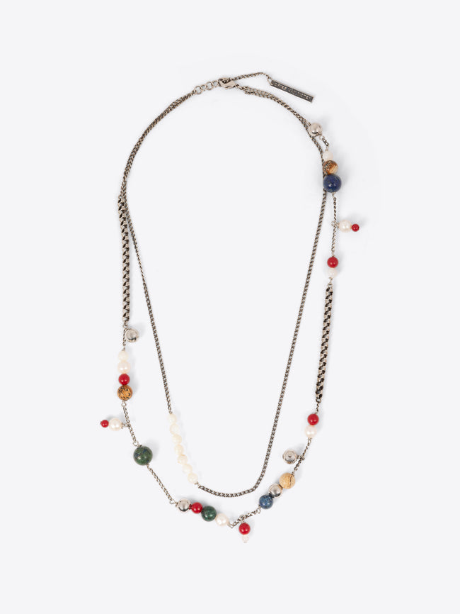Necklace with multicolored beads on a white background
