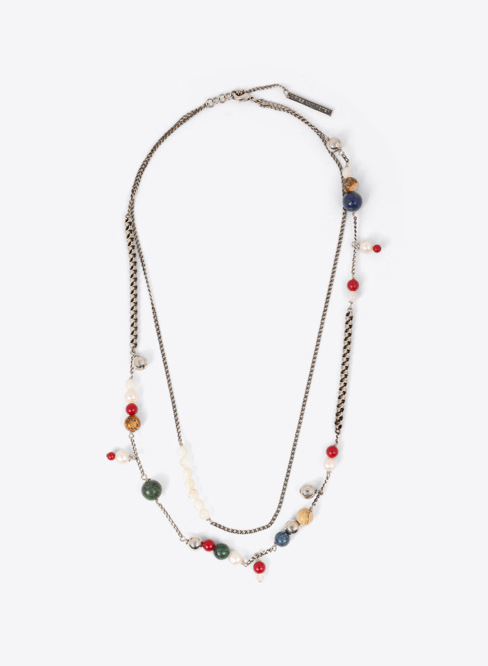 Necklace with multicolored beads on a white background