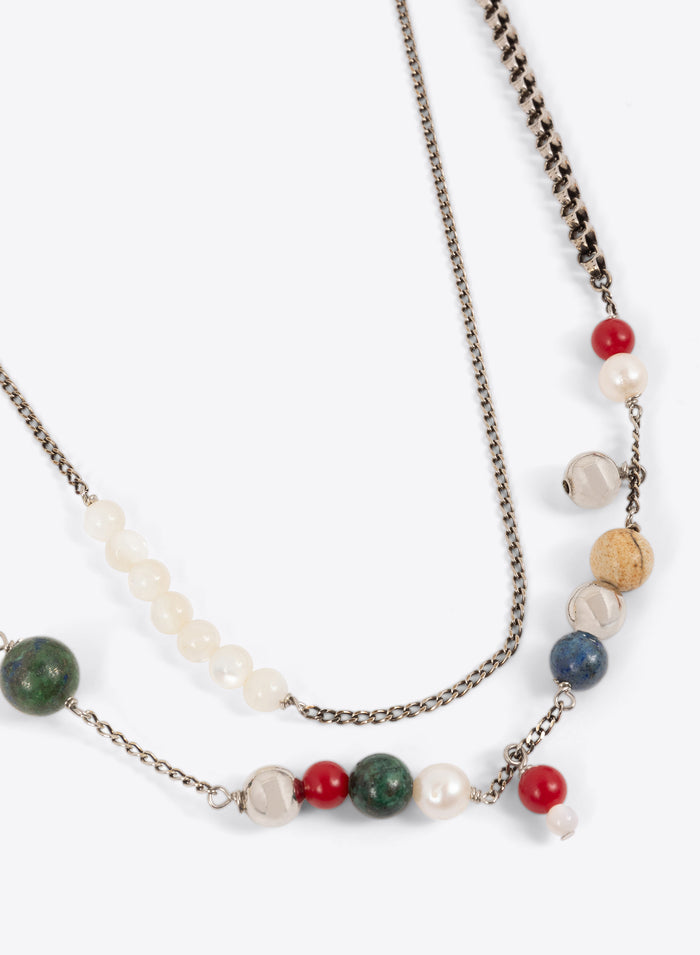 Necklace with multicolored beads on a white background